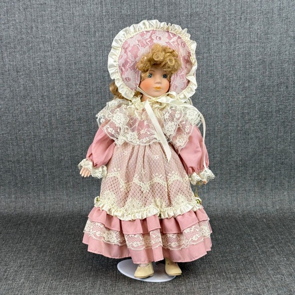 Carol Porcelain Doll Pink Dress Bonnet Lace Trim Stand Included Collectible - Picture 1 of 12